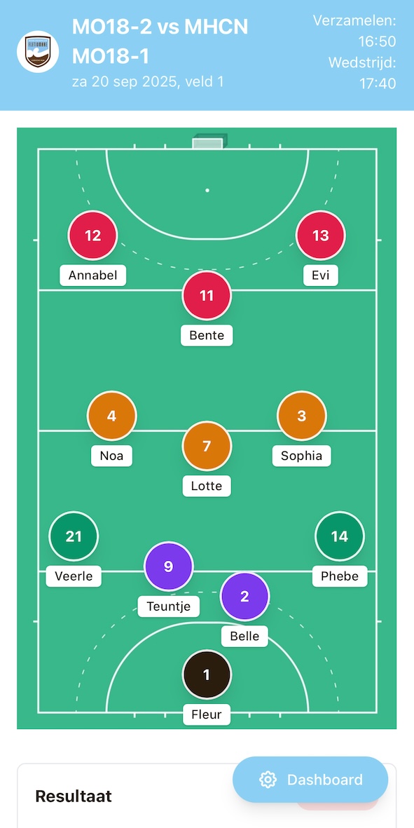 Spelersweergave met de opstelling op het veld, verzameltijd en wedstrijdinformatie