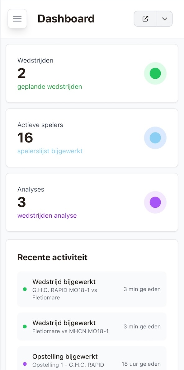 Coachdashboard met aantal wedstrijden, actieve spelers en recente activiteit