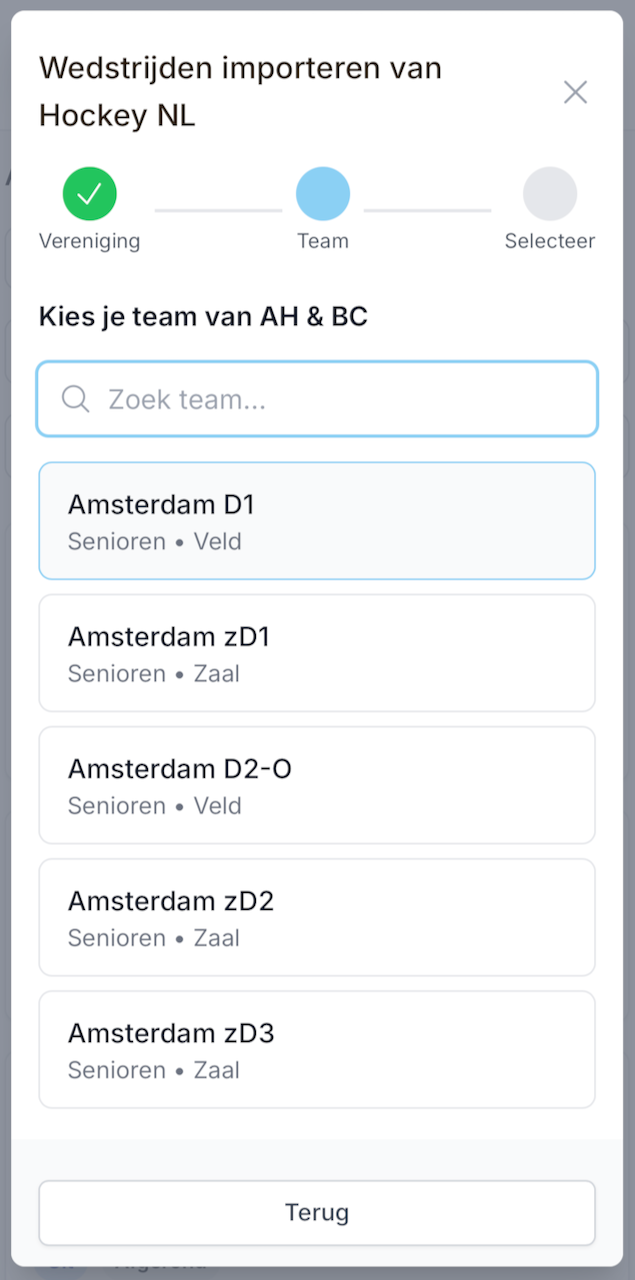 Wedstrijden importeren van Hockey NL: na het kiezen van de vereniging verschijnt de lijst met teams, met veld- en zaalhockey per categorie